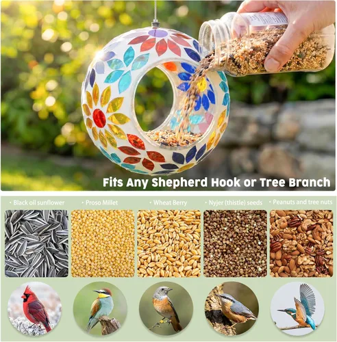 Miniatura 4 de VCUTEKA Comedero para Pájaros de Mosaico Tipo Fly Through para Exterior Colgante con Recipiente de Vidrio de Forma Redonda para Atraer Más Aves