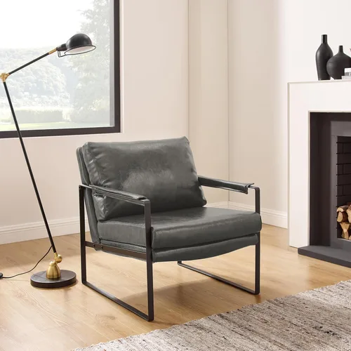 Miniatura 13 de Art Leon Silla de acento moderna de mediados de siglo, de piel sintética, con patas de metal negro, silla lateral única de salón para sala de estar