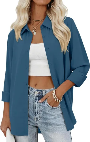 Miniatura 15 de siliteelon Camisas con botones para mujer, camisas de vestir sólidas, de manga larga, cuello fluido, para trabajo, oficina, negocios, blusas de gasa