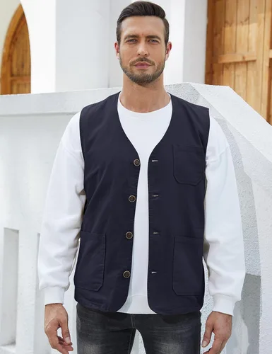 Miniatura 6 de Gihuo Chaleco de viaje para hombre, casual, con múltiples bolsillos, cuello en V, con botones, de algodón, chaleco de trabajo