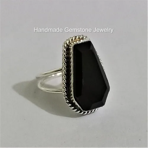Miniatura 8 de Anillo de ataúd de ónix negro natural, chapado en plata de ley 925, piedra preciosa negra, declaración hecha a mano, piedra de ataúd, regalo