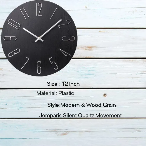 Miniatura 4 de jomparis Reloj de pared negro estilo moderno de plástico de madera relojes de pared decoración 12 pulgadas silencioso sin tictac para oficina hogar