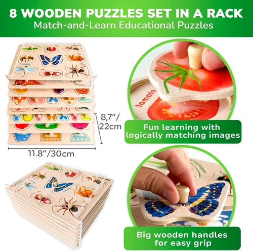Miniatura 2 de QUOKKA 8 Rompecabezas de madera para niños pequeños de 1 a 3 años - Rompecabezas Montessori para niños pequeños de 2 a 4 años en un estante - Juego