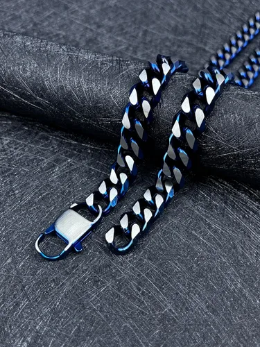 Miniatura 45 de YAMI Cadena de eslabones cubanos para hombre, azul/negro/oro de 14 quilates, acero inoxidable de 0.394-0.472 in de grosor, collar de cadena