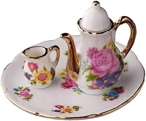 Miniatura 6 de EatingBiting Colección Nivel 1:12 Escala 1/12 8PCS Elegante Flora Miniatura Mini Casa Porcelana Plato de Té de Porcelana, Tetera, Taza, Juego