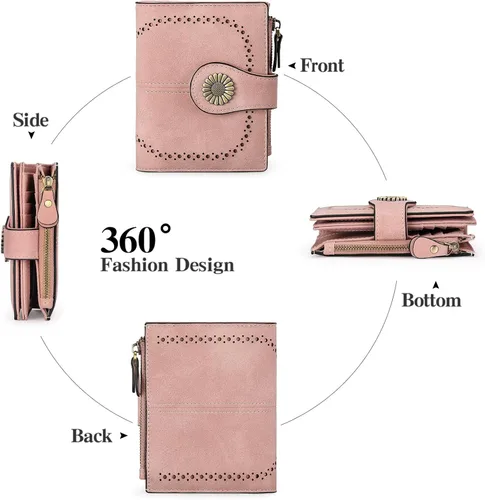 Miniatura 4 de SENDEFN Carteras pequeñas para mujer, con bloqueo RFID, de cuero, plegable, tarjetero con ventana de identificación, 1-Rosa
