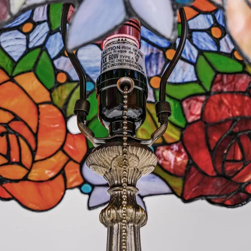 Miniatura 8 de Tiffany Style Stained Glass Table Lamp, Floral Pattern Desk Light with Antique Bronze Resin Base, Red Roses Decorative Lighting for Bedroom, Living