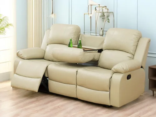 Sofá reclinable manual moderno, sofá reclinable de cuero de 3 plazas, sofá reclinable de sala de estar, sofá con portavasos y mesa abatible para