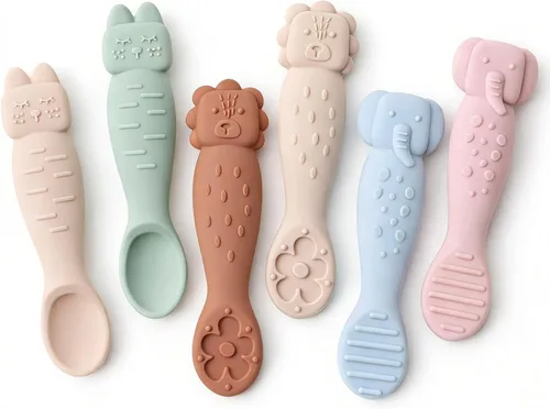 Juego de 6 cucharas de silicona para bebés, sin BPA, punta suave, cuchara de destete para bebés, cuchara de destete para auto alimentación, cuchara