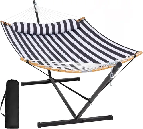 Miniatura 16 de SUNCREAT Hamaca doble con soporte incluido, hamaca portátil con soporte y almohada grande, rayas azules