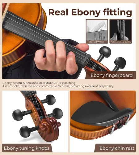 Miniatura 3 de Vangoa Kit de violín acústico 1/2, violín profesional de madera maciza, tapa de abeto, patrón único de madera de arce a juego, ajuste de ébano