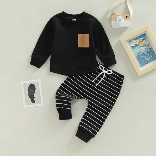 Miniatura 24 de Ropa de bebé niño 3 6 9 12 18 24M 3T Conjunto de pantalones con capucha patchwork sudadera con capucha pantalones de rayas traje de otoño invierno