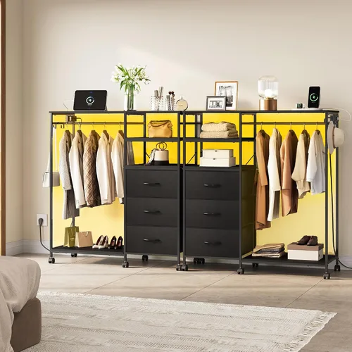 Miniatura 3 de WLIVE Cómoda negra con estante colgante para dormitorio, cómoda de 3 cajones con luces LED y estación de carga, cómoda de tela y cómoda, organizador