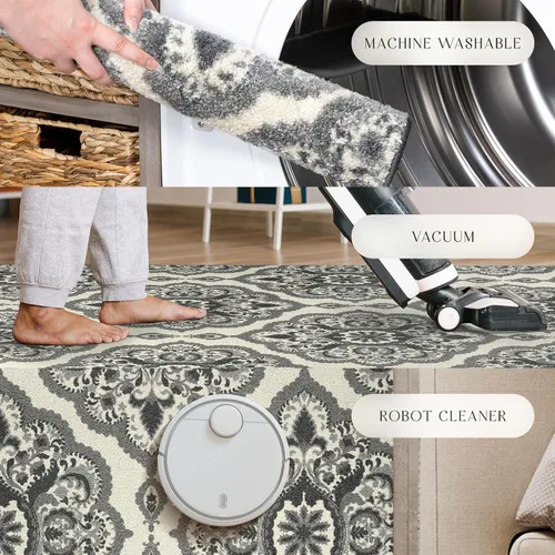Miniatura 8 de Maples Rugs - Alfombra antideslizante Vivian, para pasillo o entrada, patrón de medallones [fabricada en Estados Unidos], 2 x 6 pies, color gris