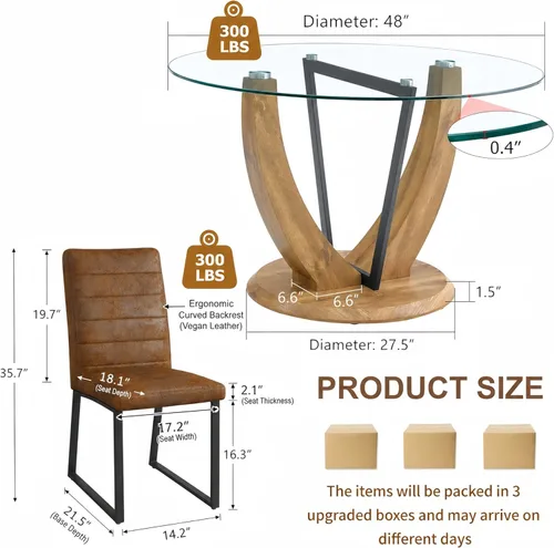 Miniatura 2 de 5-Piece Round Glass Dining Table Set for 4, 48” Modern Dining Room Table with Wood Grain Base, Brown Suede Upholstered Chairs with Black Metal Legs