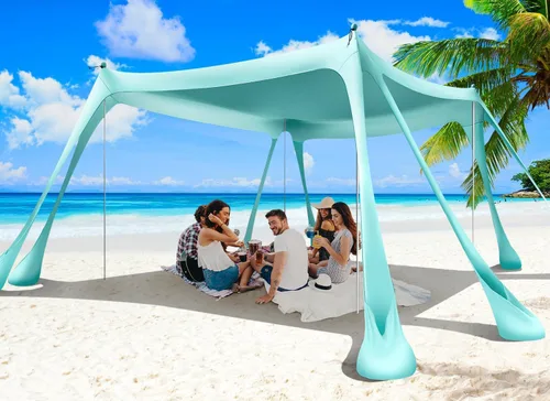Miniatura 9 de Tienda de campaña de playa, toldo de playa de 10 x 10 pies, toldo de playa fácil de desplegar portátil UPF50+ con 8 sacos de arena, 2 palas