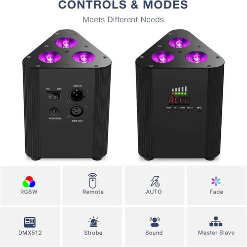 Miniatura 6 de Luces Par de escenario alimentadas por batería, LED 4 en 1 RGBW a todo color, 6 horas de funcionamiento a todo color, control remoto y DMX - Luces