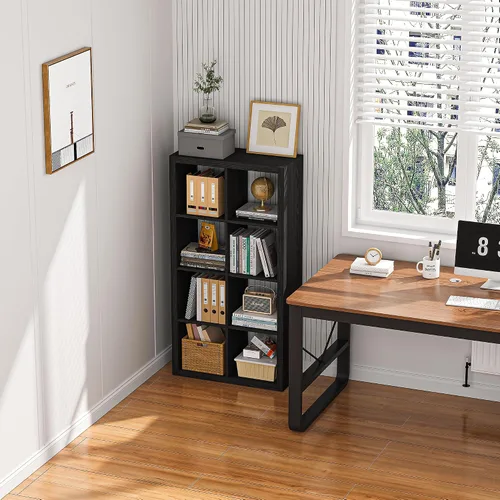 Miniatura 8 de Estantería con contenedor de almacenamiento, organizador de almacenamiento de 6 cubos, estantería abierta de madera moderna, estante de exhibición