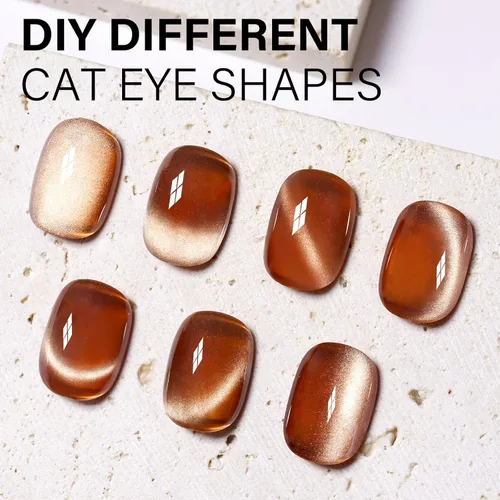 Miniatura 3 de AILLSA - Esmalte de uñas de gel ojo de gato color marrón con purpurina dorada con imán, esmalte de uñas de gel ámbar destello nude con cristales