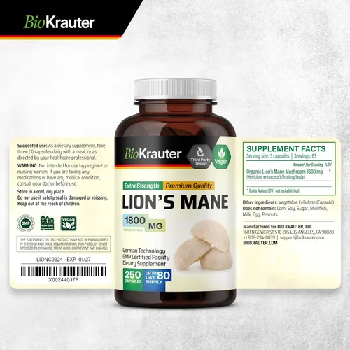 Miniatura 9 de BIO KRAUTER® Melena de Leones para el apoyo del enfoque y la salud cerebral, suplemento vegano de hongo de melena de león, claridad natural y apoyo