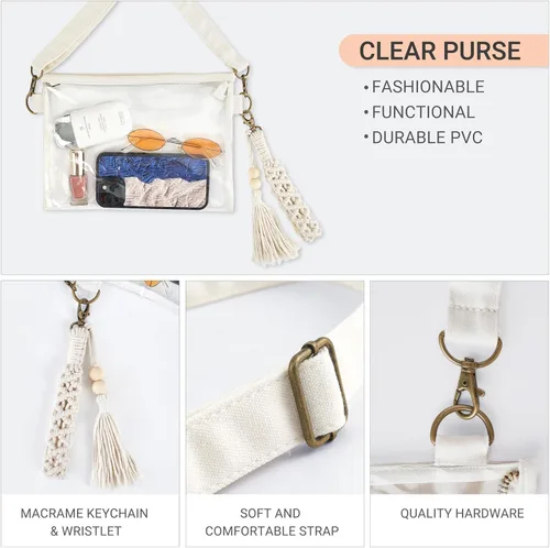 Miniatura 4 de Mkono Bolsa transparente aprobada para estadios, bolso pequeño para mujer con pulsera de macramé, bolsa cruzada transparente para conciertos