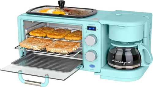 Miniatura 10 de Nostalgia Estación de desayuno retro 3 en 1, incluye cafetera de 5 tazas, plancha de cerámica antiadherente y horno tostador de 4 rebanadas, Rojo