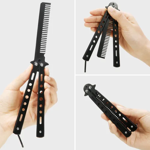 Miniatura 4 de Peines de práctica plegables de acero inoxidable, 2 piezas, herramientas de peinado para deportes al aire libre (negro)
