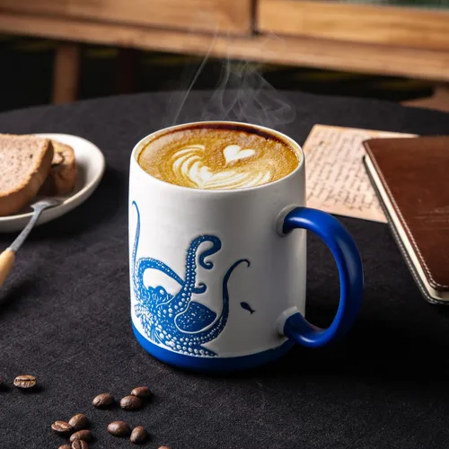 Miniatura 3 de AmorArc Juego de 6 tazas de café grandes de cerámica de 18 onzas con patrones texturizados de Sea Life para té, café con leche y cacao. Fácil