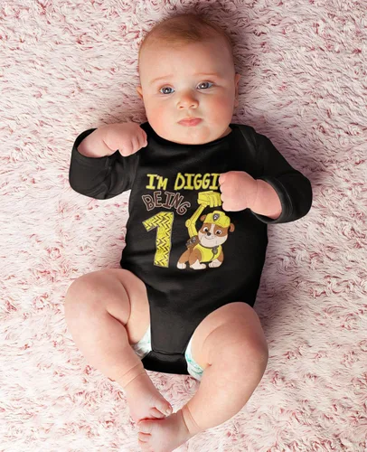 Miniatura 2 de Traje de 1er cumpleaños de Paw Patrol Rubble Boy I'm Digging Being 1 Baby Bodysuit