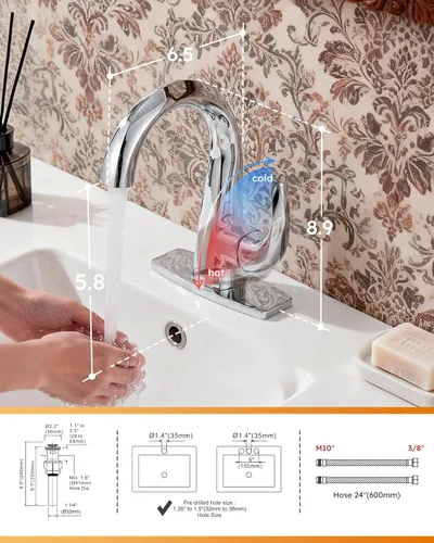 Miniatura 7 de WOWOW Grifo de Baño de Una Sola Manija 1 Orificio Arco Alto Grifo de Lavabo de Baño Cromado con Desagüe Pop Up, Latón Sólido Grifo Comercial de Cromo