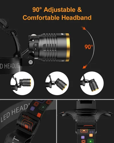Miniatura 7 de Linterna frontal LED recargable, 1000 lúmenes, súper brillante, con sensor de movimiento y luz doble, luz frontal impermeable con zoom de 90°