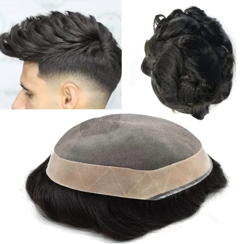 Miniatura 7 de Sistema de peluquín para hombres 100% real Remy piezas de cabello humano duradero NPU con monofilamento Mens Toupee para hombre Cabello Humano