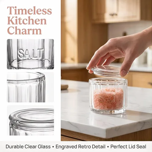 Miniatura 3 de Nicunom Paquete de 2 saleros de cristal transparente con tapa, contenedor de almacenamiento de sal, estilo retro, decoración de cocina, regalo
