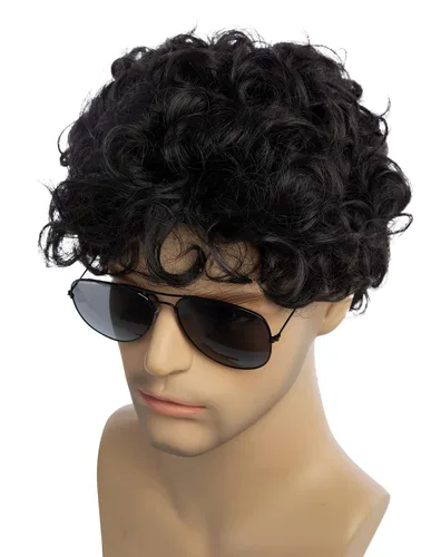 Miniatura 5 de Peluca negra corta y rizada para hombre, peluca sintética para cosplay, con gorra de peluca