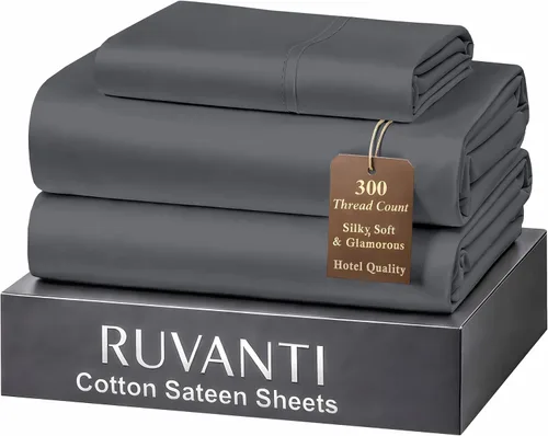 Miniatura 48 de RUVANTI Juego de sábanas de 100 % algodón tamaño matrimonial, tejido de satén suave y sedoso de 300 hilos, refrescante, ligero y transpirable, Beige