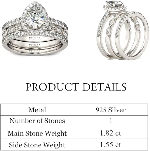 Miniatura 5 de Jeulia Juego de anillos de halo de corte pera, anillo de compromiso con forma de corazón CZ para mujer, plata de ley, diamante blanco, anillos