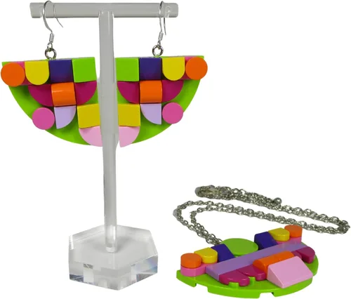 Collar y aretes de mosaico moderno de ladrillo reciclado, en rosa, naranja, verde lima, amarillo, morado y magenta, compatible con ladrillos y