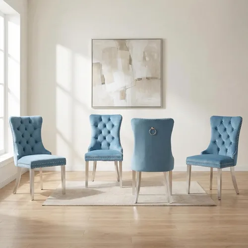 Miniatura 118 de OVENTA Juego de 4 sillas de comedor modernas tapizadas copetudas, terciopelo negro y gris y cuero con patas de madera maciza, sillas de cocina