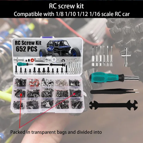 Miniatura 5 de Soporte de trabajo de reparación de automóviles RC 652 piezas Kit de reparación RC Kit de reparación universal RC Tornillos Set para Arrma Redcat