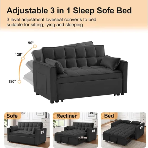 Miniatura 4 de CAPCAEK - Sofá cama convertible 3 en 1, sofá biplaza de terciopelo moderno con cama extraíble, sofá de salón pequeño con respaldo reclinable, negro