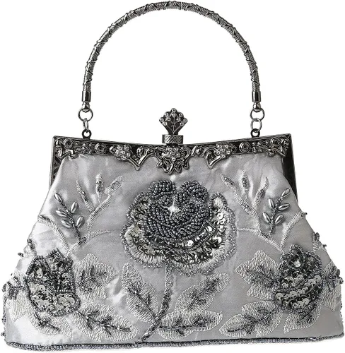 Miniatura 12 de Bolso de mano de estilo vintage con cuentas florales y strass para mujer, con bordado de lentejuelas, bandolera para novia, boda, fiesta
