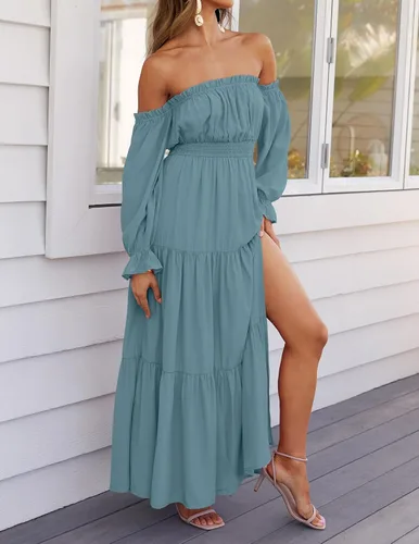Miniatura 142 de ZESICA - Vestido largo, bohemio y sexy, con hombros descubiertos y manga larga fruncida, con elástico fruncido, cintura alta y abertura lateral