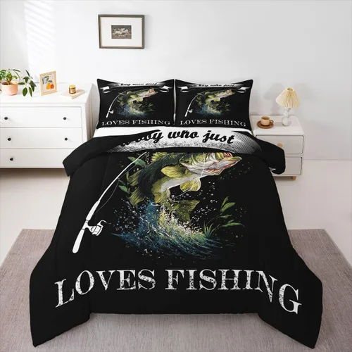 Miniatura 17 de Erosebridal Juego de edredón de pesca tamaño individual para hombres, juego de ropa de cama de peces de lubina para pescadores, niños de caza