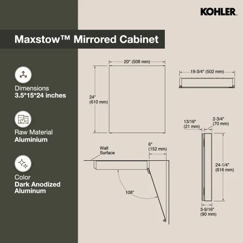 Miniatura 3 de Kohler 81145-DA1 Maxstow - Gabinete de medicinas sin marco para el baño, montaje en superficie, 20 pulgadas de ancho x 24 pulgadas de alto, aluminio