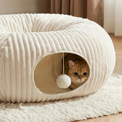 Miniatura 3 de Cama túnel para gatos con 40 juguetes para gatos, túnel de juego plegable para gatos de interior, tubo para gatos para gatitos y cachorros Blanco