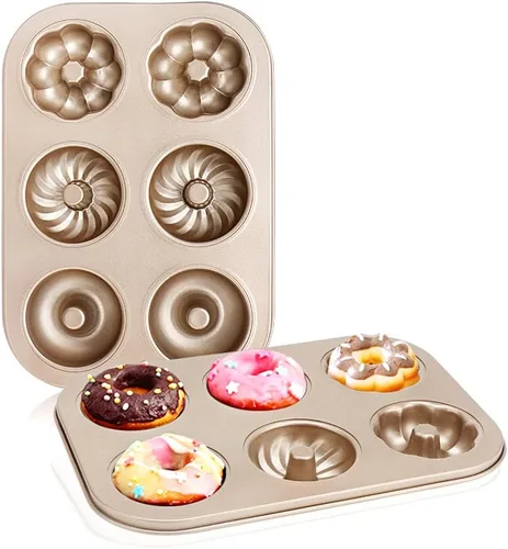 Beasea Moldes de dona para hornear 6 cavidades, 2 unidades de mini molde para hornear donas pequeñas, antiadherente, bandeja de acero al carbono,