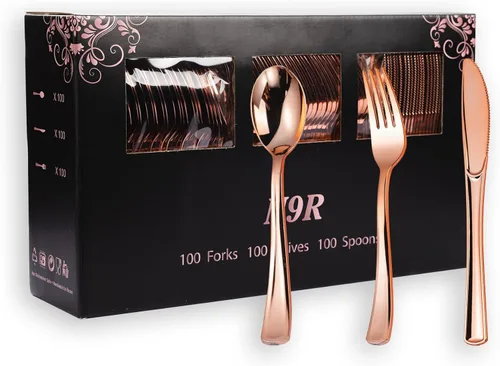 Miniatura 10 de N9R 300 cubiertos de plástico dorado, juego de cubiertos de plástico dorado resistente, vajilla desechable, 100 tenedores, 100 cucharas, 100
