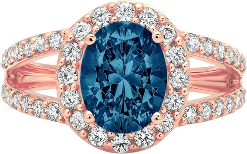 Clara Pucci Solitario de corte ovalado de 2.18 quilates con vástago dividido de halo de acento azul real natural, piedra gema de topacio azul real,