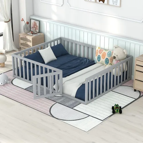 Miniatura 14 de Cama Montessori de suelo individual con puerta y valla para niños, marco de cama Montessori bajo de madera maciza con barandillas de seguridad