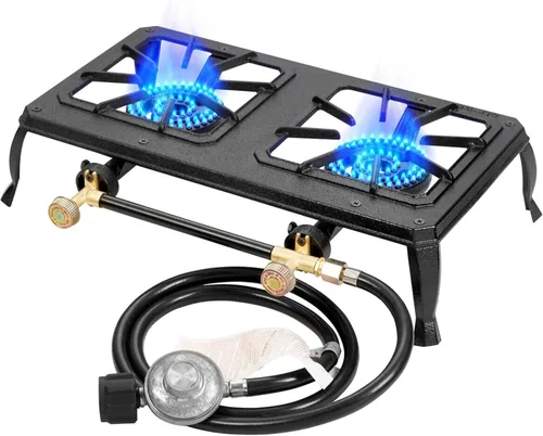 Vivicreate Estufa de gas propano de hierro fundido, quemador doble, resistente, portátil, extraíble, para exteriores, 200 libras, soporte de alto
